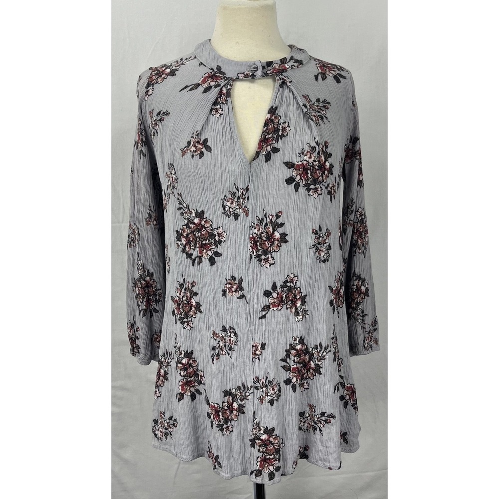 Vtg Christian Caliendo Women Grey Floral Keyhole Neck 90s Y2K Blouse USA Size S